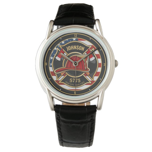 Firefighter Fire Rescue Department USA Flag Custom Watch (Front)
