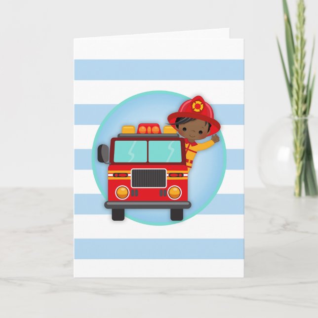 Firefighter Fire Truck African American Boy Card (Front)