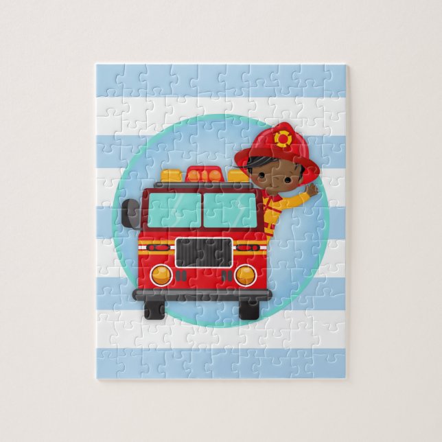 Firefighter Fire Truck African American Boy Jigsaw Puzzle (Vertical)
