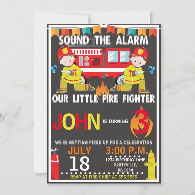 Firefighter Fire Truck Birthday Party Invitation (Front)