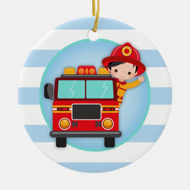 Firefighter Fire Truck Black Hair Boy Ceramic Ornament (Front)