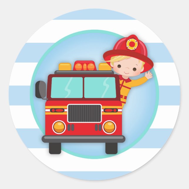 Firefighter Fire Truck Blonde Hair Boy Classic Round Sticker (Front)