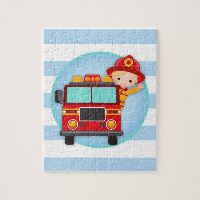 Firefighter Fire Truck Blonde Hair Boy Jigsaw Puzzle (Vertical)