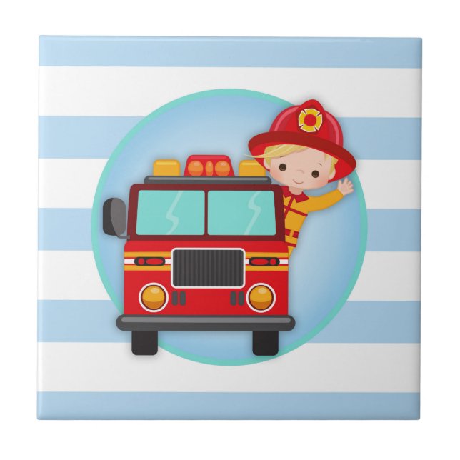 Firefighter Fire Truck Blonde Hair Boy Tile (Front)