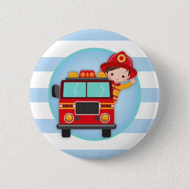 Firefighter Fire Truck Brown Hair Boy 2 Inch Round Button (Front)