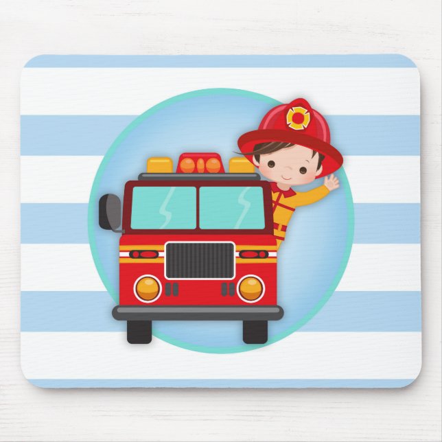 Firefighter Fire Truck Brown Hair Boy Mouse Pad (Front)