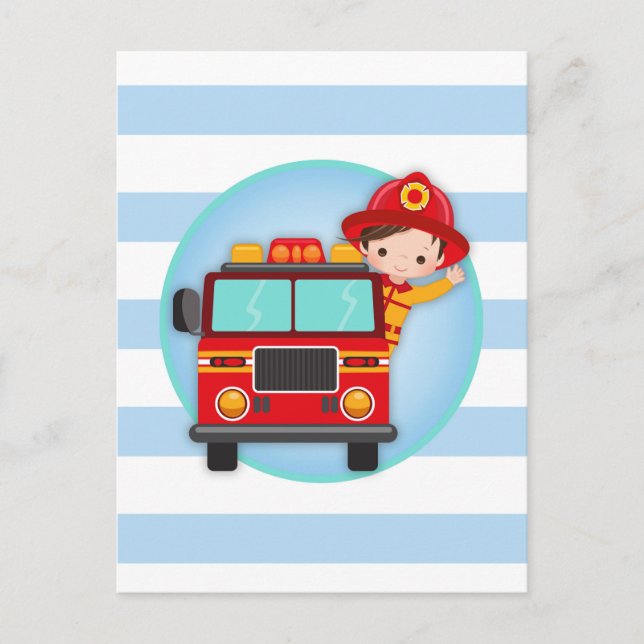 Firefighter Fire Truck Brown Hair Boy Postcard (Front)