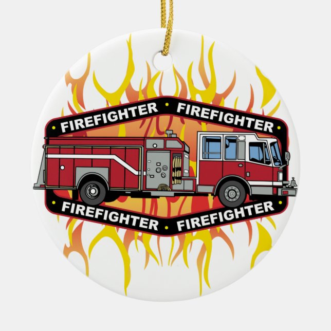 Firefighter Fire Truck Ceramic Ornament (Front)