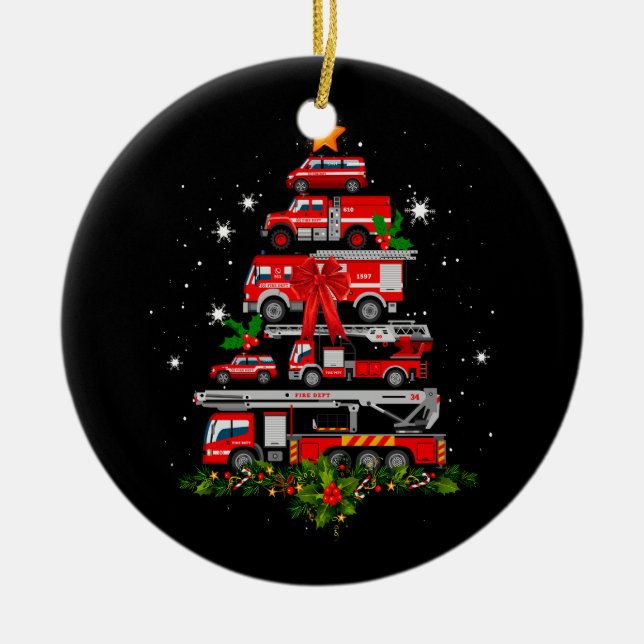 Firefighter Fire Truck Christmas Tree Lights Santa Ceramic Ornament (Front)