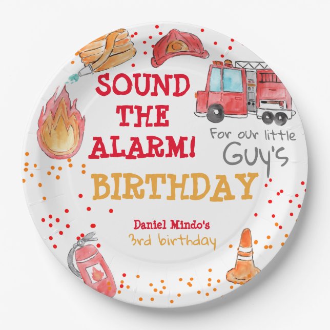 Firefighter fire truck kid birthday paper plate (Front)