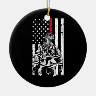 Firefighter Fireman American Flag Red Line Ceramic Ornament