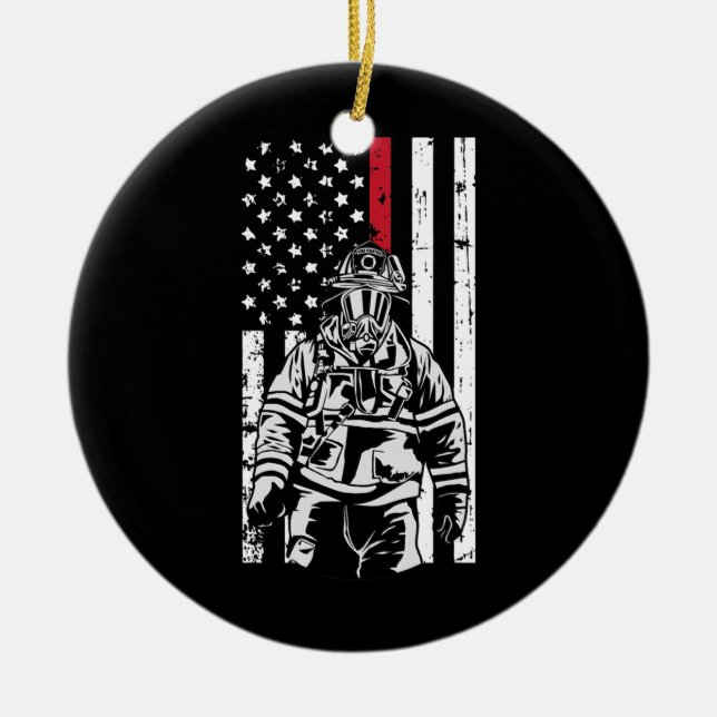Firefighter Fireman American Flag Red Line Ceramic Ornament (Front)