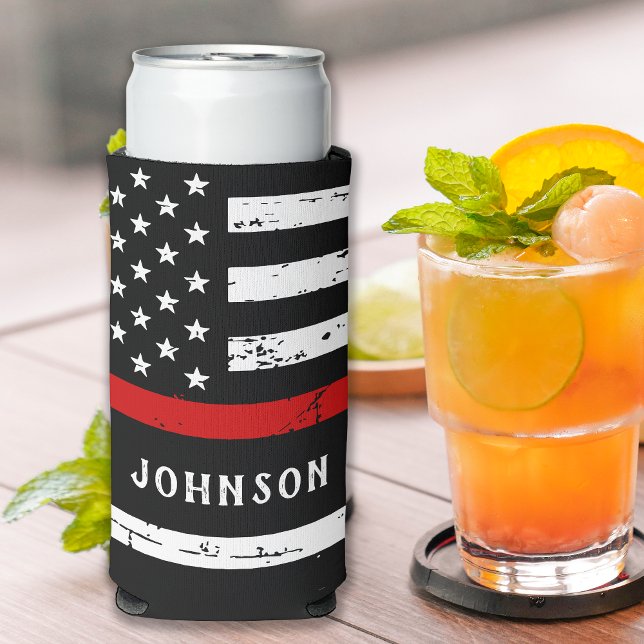 Firefighter Flag Personalized Thin Red Line Seltzer Can Cooler (Creator Uploaded)