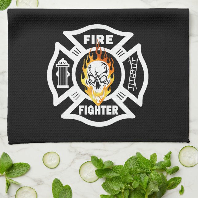 Firefighter Flaming Skull Kitchen Towel (Folded)