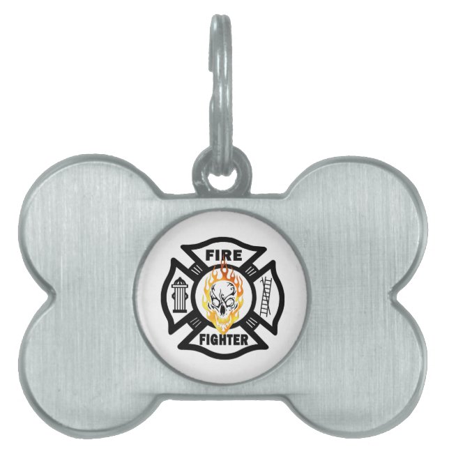 Firefighter Flaming Skull Pet Name Tag (Front)