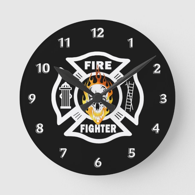 Firefighter Flaming Skull Round Clock (Front)