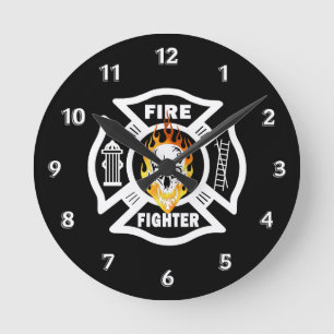 Firefighter Flaming Skull Round Clock