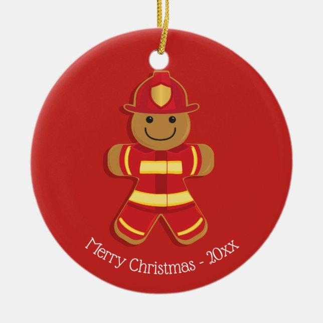 Firefighter Gingerbread Man Christmas Ceramic Ornament (Front)