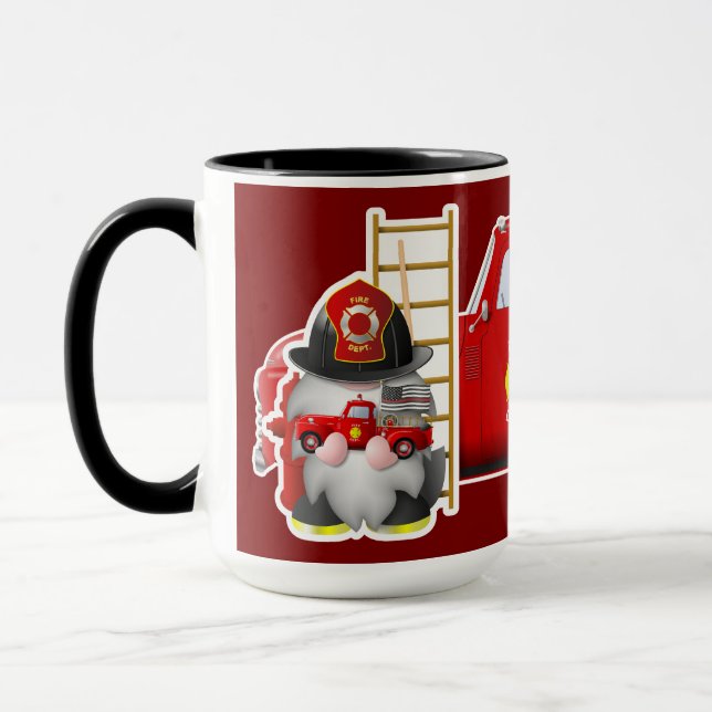 Firefighter Gnome with Little Red Firetruck Mug (Left)