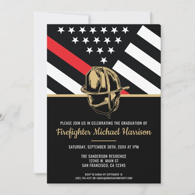 Firefighter Graduation Party Red Line Flag Fireman Invitation (Front)