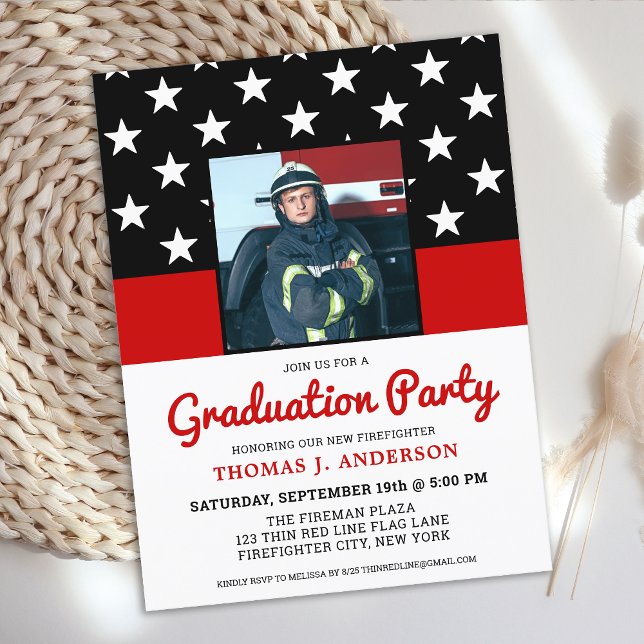 Firefighter Graduation Party Thin Red Line Photo Invitation Postcard (Creator Uploaded)