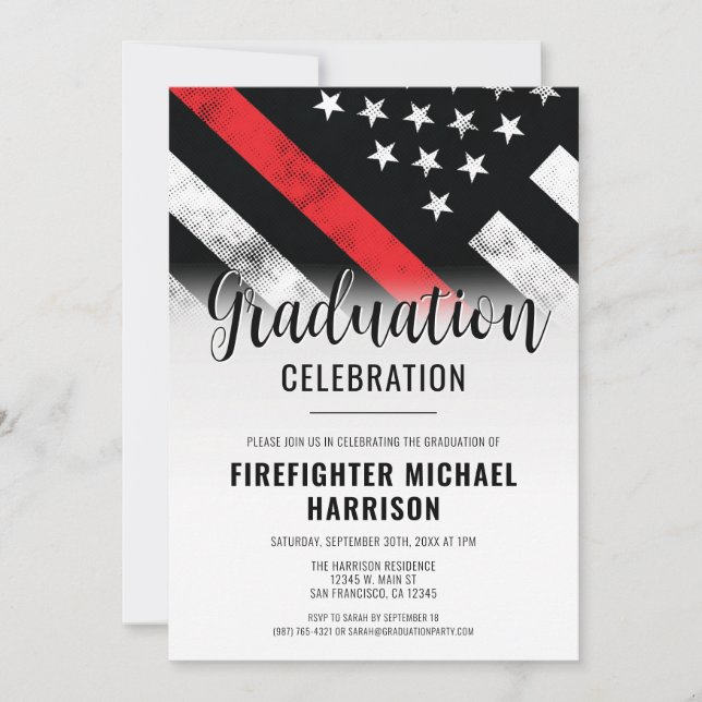 Firefighter Graduation Red Line Flag Fireman Invitation (Front)