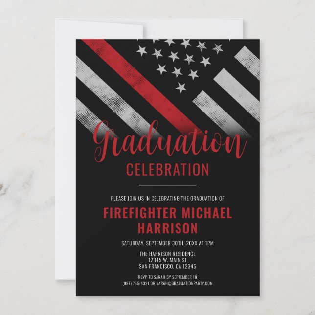 Firefighter Graduation Red Line Flag Fireman Invitation (Front)