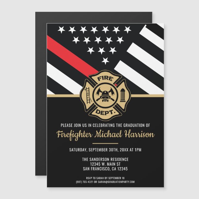 Firefighter Graduation Red Line Flag Fireman Magnetic Invitation (Front/Back)
