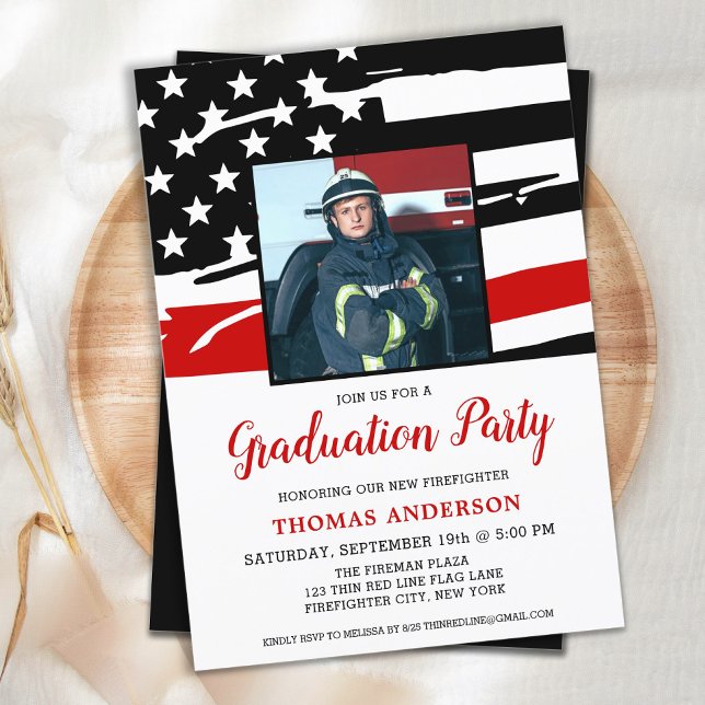 Firefighter Graduation Thin Red Line Fireman Photo Invitation (Creator Uploaded)