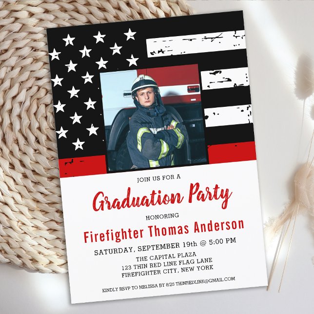 Firefighter Graduation Thin Red Line Photo Invitation (Creator Uploaded)