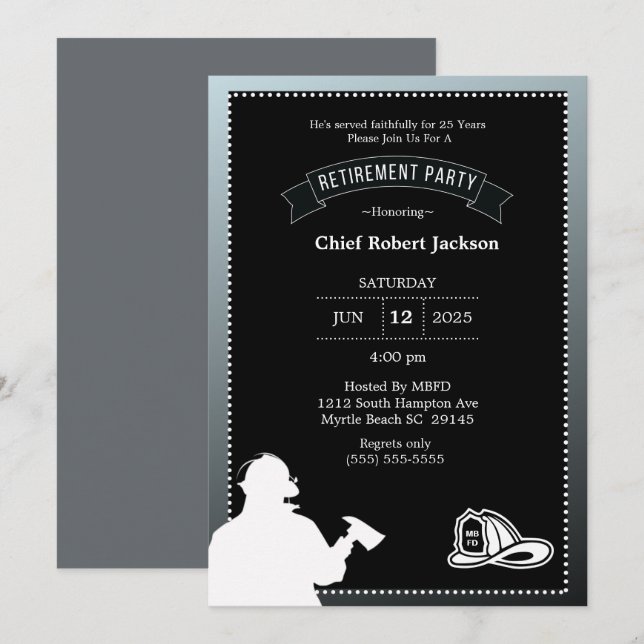 Firefighter Grey Black Retraite Party Invitation (Devant / Derrière)