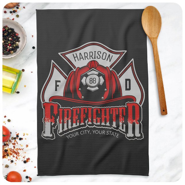 Firefighter Helmet ADD NAME Fire Department Rescue Kitchen Towel (Creator Uploaded)