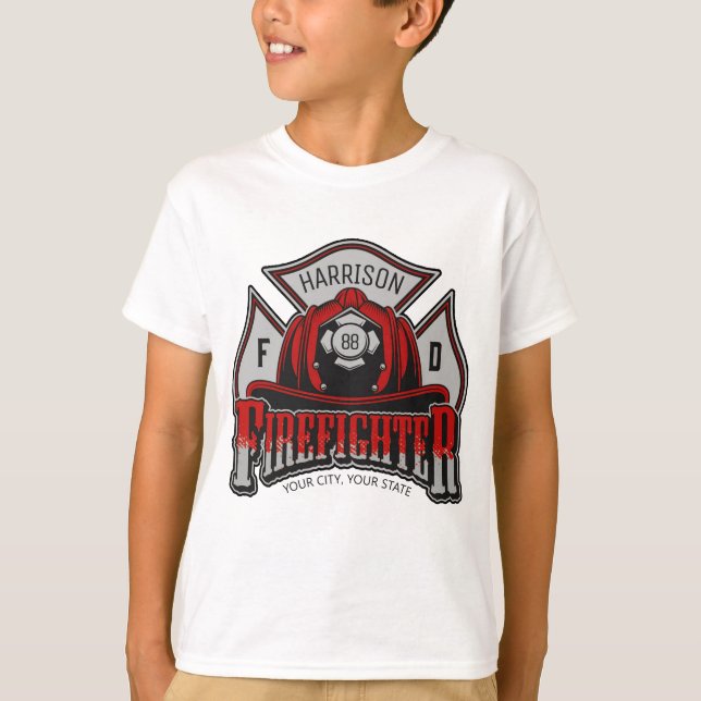 Firefighter Helmet ADD NAME Fire Department Rescue T-Shirt (Front)