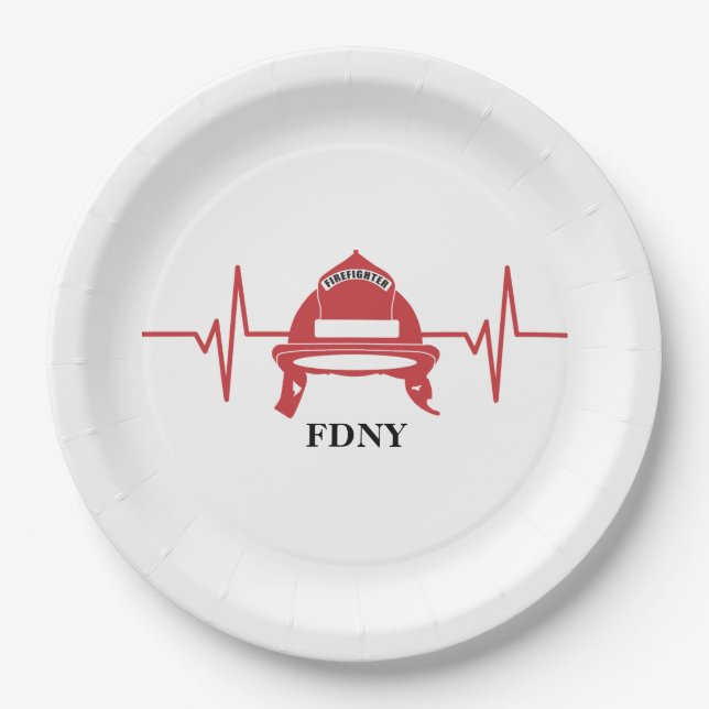 Firefighter Helmet Heartbeat Personalized Paper Plate (Front)