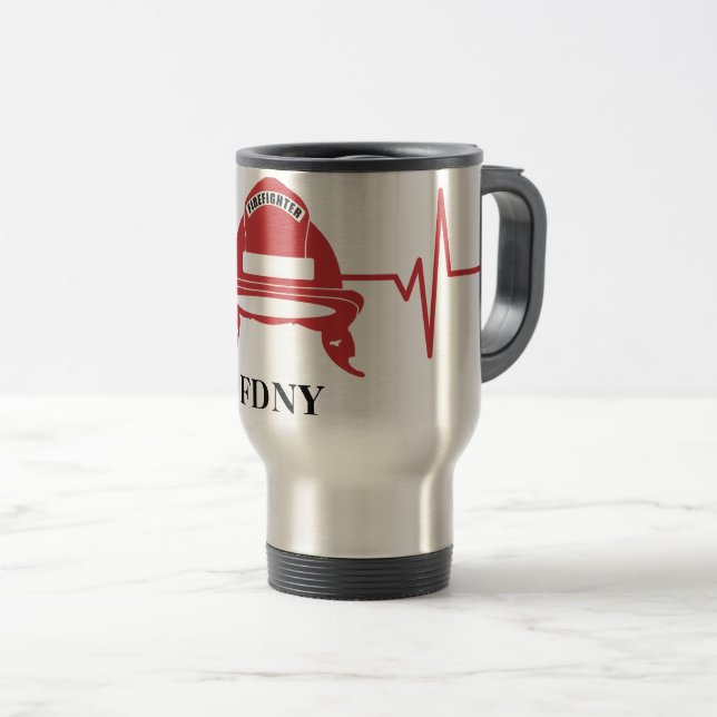 Firefighter Helmet Heartbeat Personalized Travel Mug (Front Right)