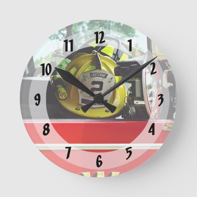 Firefighter Helmets Inside Fire Truck Round Clock (Front)