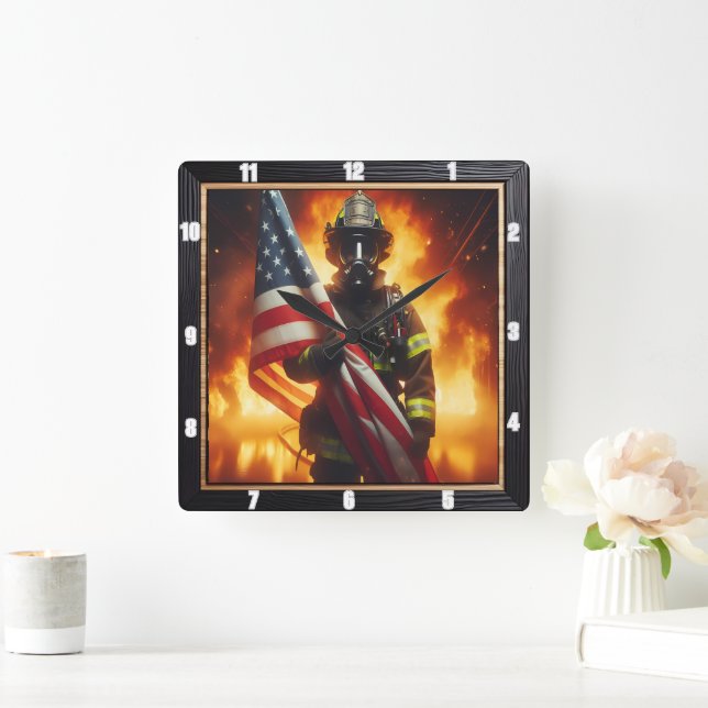 Firefighter Hero American Flag Protection Square Wall Clock (Home)