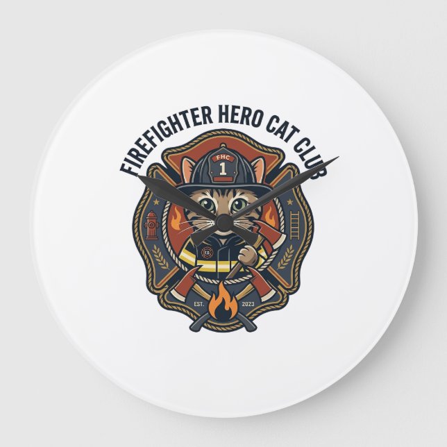 Firefighter Hero Cat Cat Graphic Tee Art - Firefig Large Clock (Front)