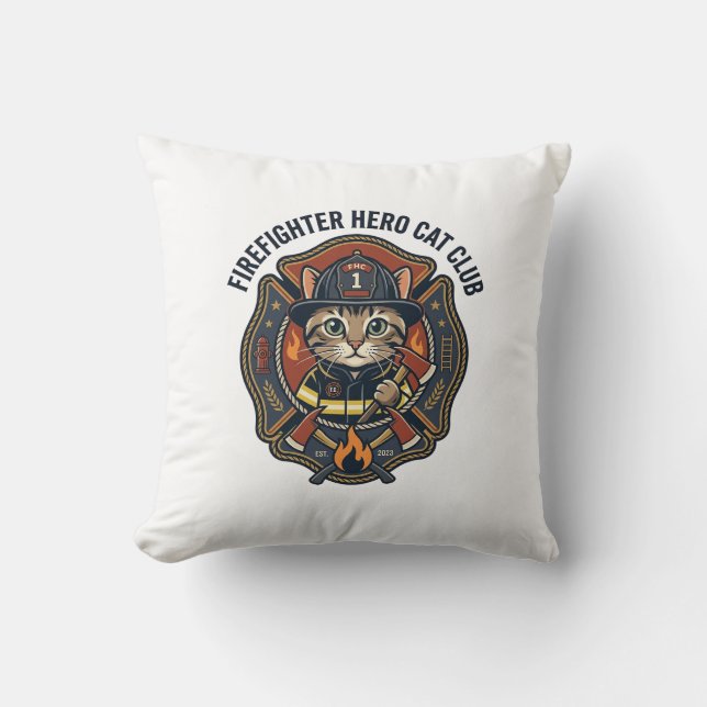 Firefighter Hero Cat Cat Graphic Tee Art - Firefig Throw Pillow (Front)