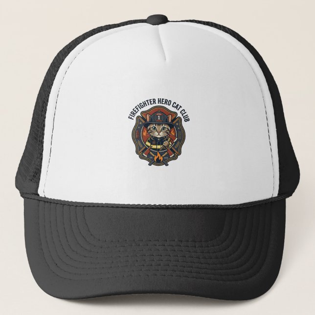 Firefighter Hero Cat Cat Graphic Tee Art - Firefig Trucker Hat (Front)