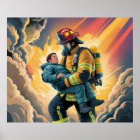Firefighter Hero Rescue Scene Poster