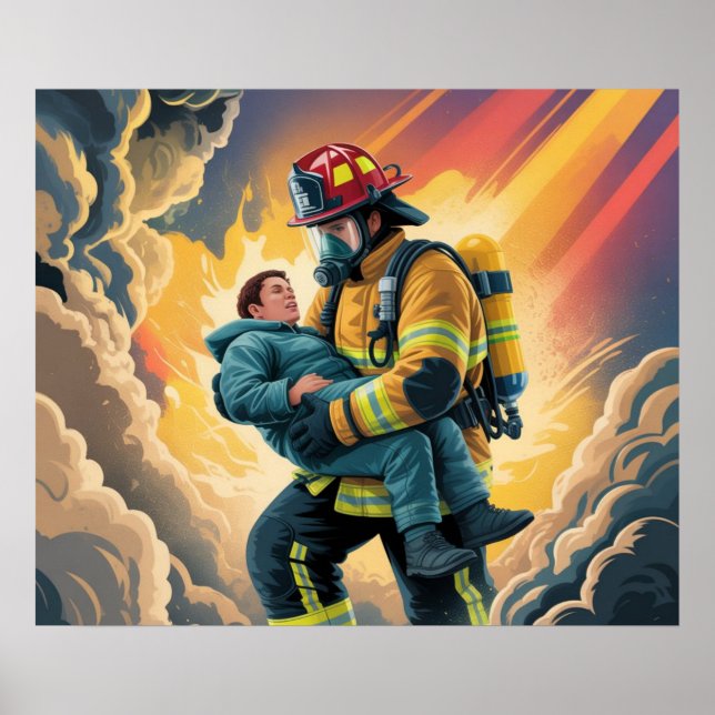 Firefighter Hero Rescue Scene Poster (Front)