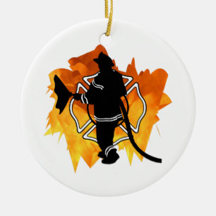 Firefighter IN Flames Ceramic Ornament