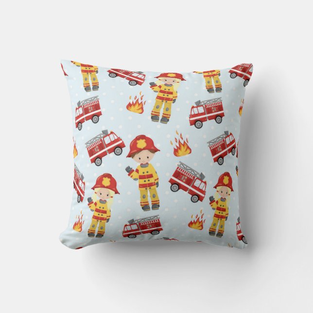 Firefighter Kids and Trucks Pattern Throw Pillow (Front)