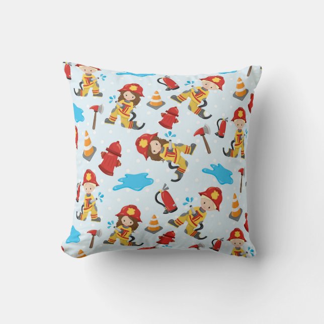 Firefighter Kids with Equipment Pattern Throw Pillow (Front)