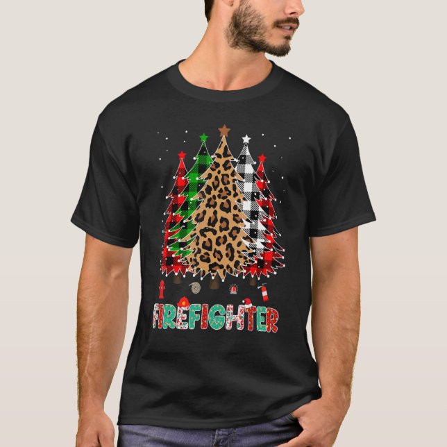 Firefighter Leopard Red White Green Plaid Christma T-Shirt (Front)