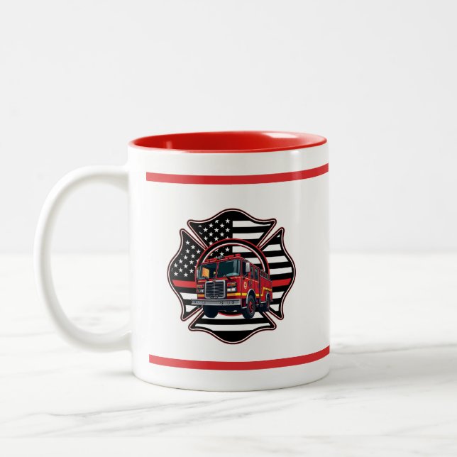 Firefighter Maltese Cross,Thin Red Line,Firetruck Two-Tone Coffee Mug (Left)