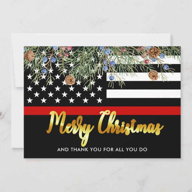 Firefighter Merry Christmas Red Line Thank You Holiday Card (Front)