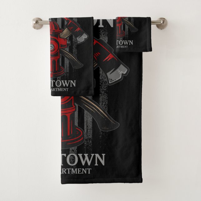Firefighter NAME Fire Department Hydrant USA Flag  Bath Towel Set (Insitu)
