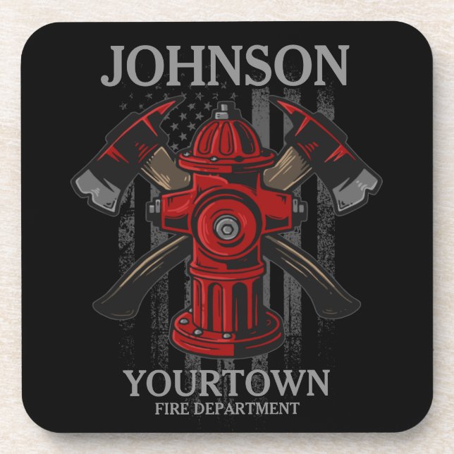 Firefighter NAME Fire Department Hydrant USA Flag  Coaster (Front)